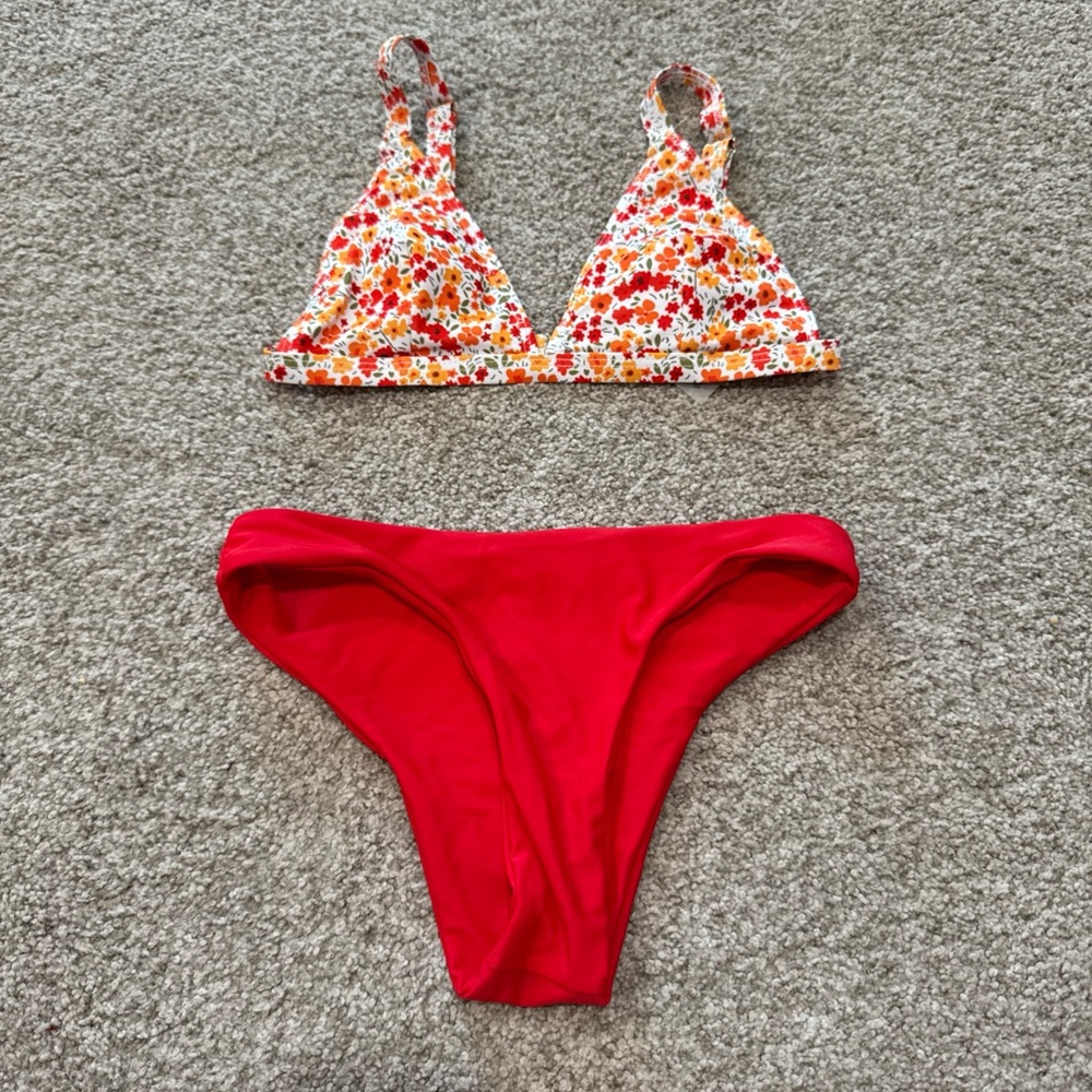 Women’s XS White And Orange Floral Bikini Swim Suit With Adjustable Straps